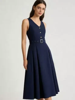Robe midi sans manches à col en V et ceinture pour femme coupe trapèze boutonnée sur le devant