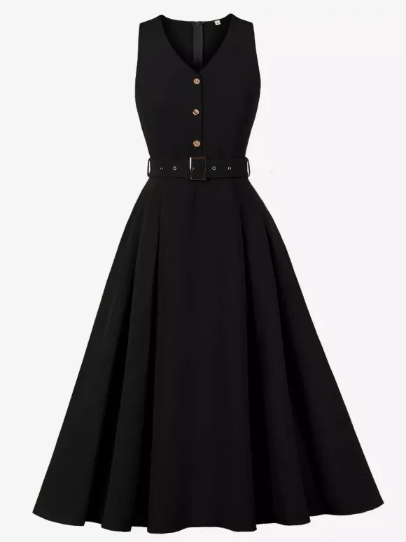 Robe midi sans manches à col en V et ceinture pour femme coupe trapèze boutonnée sur le devant