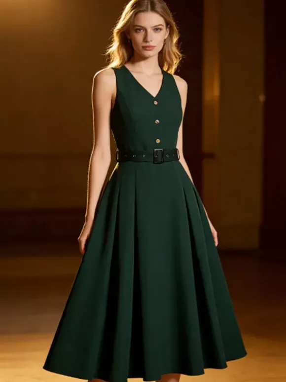 Robe midi sans manches à col en V et ceinture pour femme coupe trapèze boutonnée sur le devant