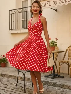 Robe midi trapèze à pois vintage années 1950 pour femme - Robe d'été rockabilly pin-up dos nu - Idéale pour un pique-nique de vacances 2026