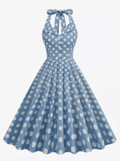 Robe midi trapèze à pois vintage années 1950 pour femme - Robe d'été rockabilly pin-up dos nu - Idéale pour un pique-nique de vacances 2026