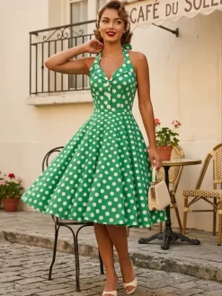 Robe midi trapèze à pois vintage années 1950 pour femme - Robe d'été rockabilly pin-up dos nu - Idéale pour un pique-nique de vacances 2026
