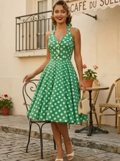 Robe midi trapèze à pois vintage années 1950 pour femme - Robe d'été rockabilly pin-up dos nu - Idéale pour un pique-nique de vacances 2026