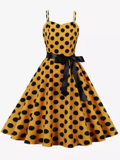 Robe midi trapèze vintage à pois pour femme - Robe d'été rockabilly trapèze ceinturée années 50 - Idéale pour les fêtes d'été 2026