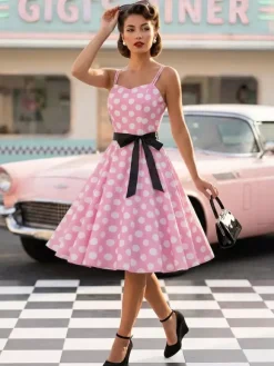 Robe midi trapèze vintage à pois pour femme - Robe d'été rockabilly trapèze ceinturée années 50 - Idéale pour les fêtes d'été 2026