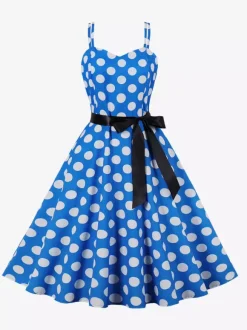 Robe midi trapèze vintage à pois pour femme - Robe d'été rockabilly trapèze ceinturée années 50 - Idéale pour les fêtes d'été 2026