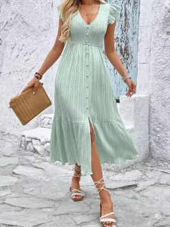 Robe midi vert sauge pour femme - Robe trapèze à volants manches papillon boutons smockés sur le devant - Idéale pour les vacances d'été à la plage 2026