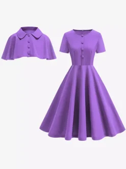 Robe midi vintage années 50 avec cape pour femme coupe trapèze style patineuse - Idéale pour une soirée rétro d'été 2026