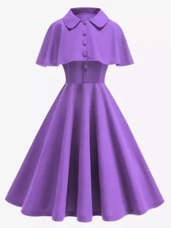 Robe midi vintage années 50 avec cape pour femme coupe trapèze style patineuse - Idéale pour une soirée rétro d'été 2026