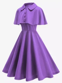 Robe midi vintage années 50 avec cape pour femme coupe trapèze style patineuse - Idéale pour une soirée rétro d'été 2026