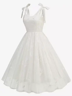 Robe midi vintage années 50 à broderies florales pour femme - Robe d'été trapèze à épaules nouées style cottagecore - Idéale pour une invitée à un mariage d'été 2026