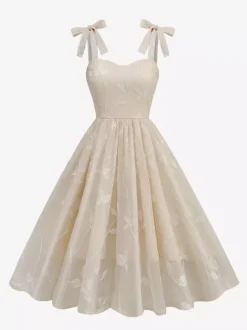 Robe midi vintage années 50 à broderies florales pour femme - Robe d'été trapèze à épaules nouées style cottagecore - Idéale pour une invitée à un mariage d'été 2026