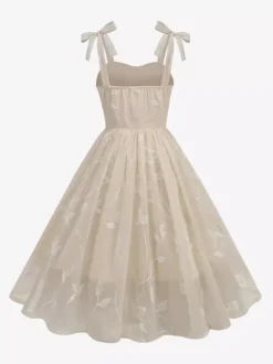 Robe midi vintage années 50 à broderies florales pour femme - Robe d'été trapèze à épaules nouées style cottagecore - Idéale pour une invitée à un mariage d'été 2026
