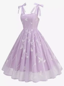 Robe midi vintage années 50 à broderies florales pour femme - Robe d'été trapèze à épaules nouées style cottagecore - Idéale pour une invitée à un mariage d'été 2026