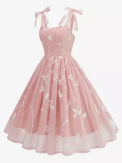 Robe midi vintage années 50 à broderies florales pour femme - Robe d'été trapèze à épaules nouées style cottagecore - Idéale pour une invitée à un mariage d'été 2026