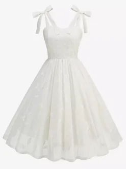 Robe midi vintage années 50 à broderies florales pour femme - Robe d'été trapèze à épaules nouées style cottagecore - Idéale pour une invitée à un mariage d'été 2026