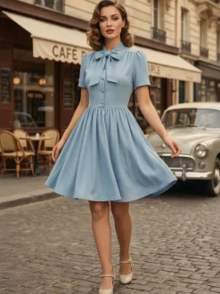 Robe midi vintage années 1950 pour femme - Col n艙ud manches courtes coupe évasée style rockabilly - Idéale pour une garden-party (2026)