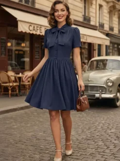 Robe midi vintage années 1950 pour femme - Col n艙ud manches courtes coupe évasée style rockabilly - Idéale pour une garden-party (2026)