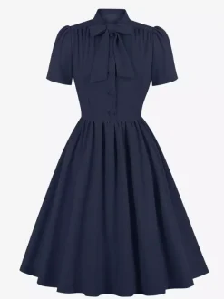 Robe midi vintage années 1950 pour femme - Col n艙ud manches courtes coupe évasée style rockabilly - Idéale pour une garden-party (2026)