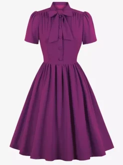 Robe midi vintage années 1950 pour femme - Col n艙ud manches courtes coupe évasée style rockabilly - Idéale pour une garden-party (2026)