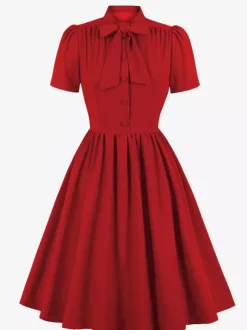 Robe midi vintage années 1950 pour femme - Col n艙ud manches courtes coupe évasée style rockabilly - Idéale pour une garden-party (2026)
