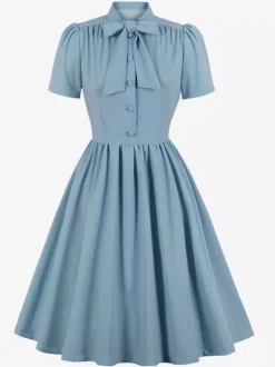 Robe midi vintage années 1950 pour femme - Col n艙ud manches courtes coupe évasée style rockabilly - Idéale pour une garden-party (2026)