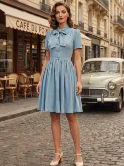 Robe midi vintage années 1950 pour femme - Col n艙ud manches courtes coupe évasée style rockabilly - Idéale pour une garden-party (2026)