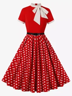 Robe midi vintage années 1950 pour femme - Robe trapèze imprimée à col n艙ud papillon - Idéale pour un thé printanier (2026)