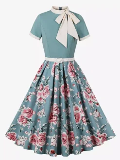 Robe midi vintage années 1950 pour femme - Robe trapèze imprimée à col n艙ud papillon - Idéale pour un thé printanier (2026)