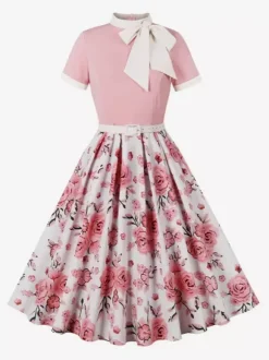 Robe midi vintage années 1950 pour femme - Robe trapèze imprimée à col n艙ud papillon - Idéale pour un thé printanier (2026)