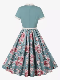Robe midi vintage années 1950 pour femme - Robe trapèze imprimée à col n艙ud papillon - Idéale pour un thé printanier (2026)