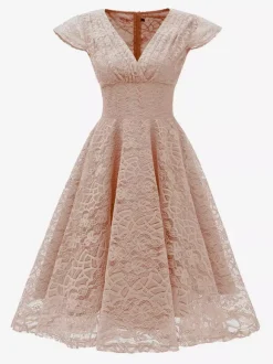 Robe midi vintage en dentelle années 1950 pour femme - Col en V manches courtes coupe trapèze robe de cocktail/bal - Tenue d'invitée de mariage 2026