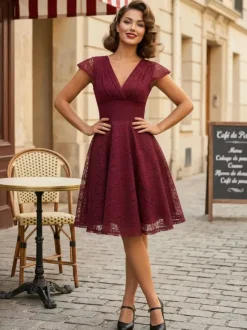 Robe midi vintage en dentelle années 1950 pour femme - Col en V manches courtes coupe trapèze robe de cocktail/bal - Tenue d'invitée de mariage 2026