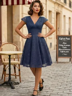 Robe midi vintage en dentelle années 1950 pour femme - Col en V manches courtes coupe trapèze robe de cocktail/bal - Tenue d'invitée de mariage 2026