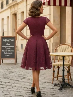 Robe midi vintage en dentelle années 1950 pour femme - Col en V manches courtes coupe trapèze robe de cocktail/bal - Tenue d'invitée de mariage 2026