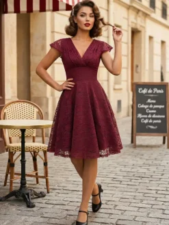 Robe midi vintage en dentelle années 1950 pour femme - Col en V manches courtes coupe trapèze robe de cocktail/bal - Tenue d'invitée de mariage 2026