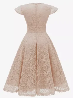 Robe midi vintage en dentelle années 1950 pour femme - Col en V manches courtes coupe trapèze robe de cocktail/bal - Tenue d'invitée de mariage 2026