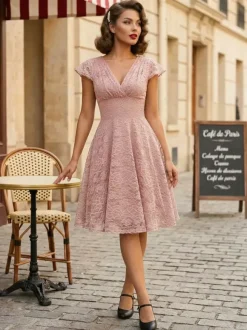Robe midi vintage en dentelle années 1950 pour femme - Col en V manches courtes coupe trapèze robe de cocktail/bal - Tenue d'invitée de mariage 2026