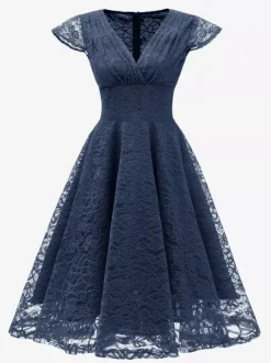 Robe midi vintage en dentelle années 1950 pour femme - Col en V manches courtes coupe trapèze robe de cocktail/bal - Tenue d'invitée de mariage 2026