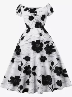 Robe midi vintage à fleurs noire et blanche coupe trapèze élégante robe de soirée