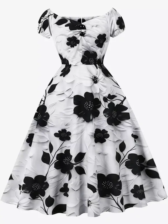 Robe midi vintage à fleurs noire et blanche coupe trapèze élégante robe de soirée