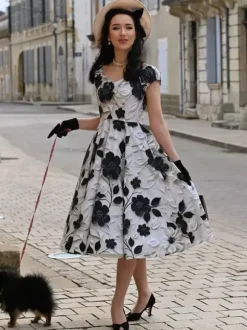 Robe midi vintage à fleurs noire et blanche coupe trapèze élégante robe de soirée