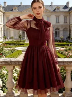 Robe midi vintage pour femme en tulle bordeaux manches longues transparentes col n艙ud coupe cintrée et évasée