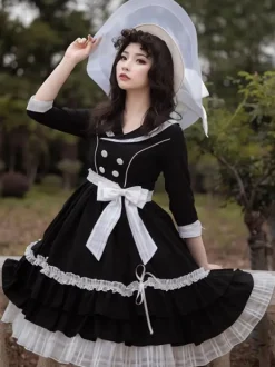Robe Mignonne Lolita Polyester Manches 3/4 Volants Robe Douce Robe Lolita