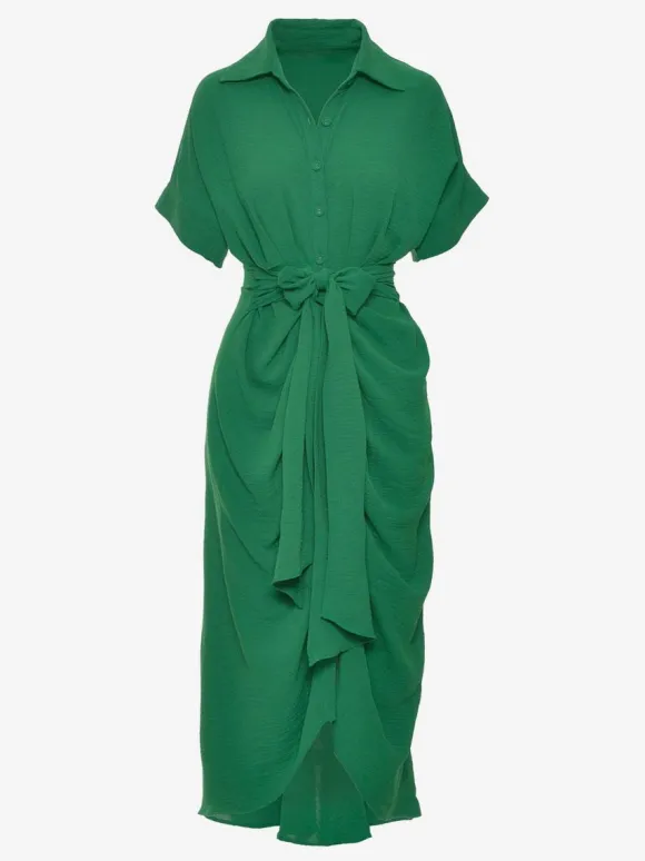 Robe Mi-longue Chemise Col Rabattu Plissé Manches Courtes Décontractée