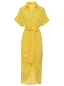 Robe Mi-longue Chemise Col Rabattu Plissé Manches Courtes Décontractée