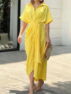 Robe Mi-longue Chemise Col Rabattu Plissé Manches Courtes Décontractée