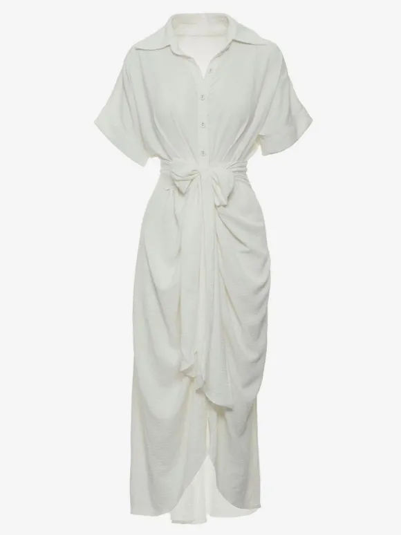 Robe Mi-longue Chemise Col Rabattu Plissé Manches Courtes Décontractée