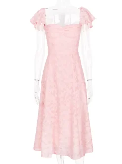 Robe mi-longue en jacquard floral rose pâle avec manches papillon coupe trapèze pour femme 2026