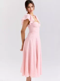 Robe mi-longue en jacquard floral rose pâle avec manches papillon coupe trapèze pour femme 2026